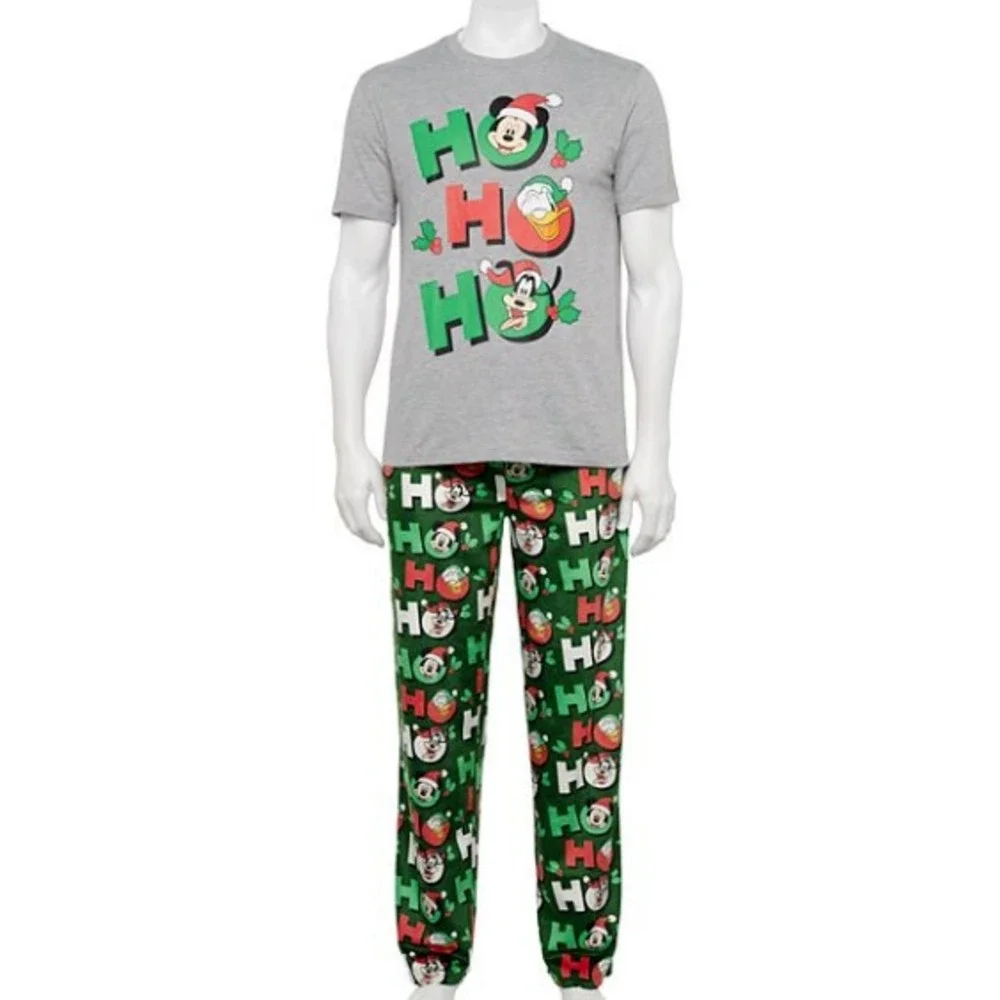 Disney Mickey Mouse Pajama Set Men Large Tee Microfleece Pajama Christmas HOHOHO